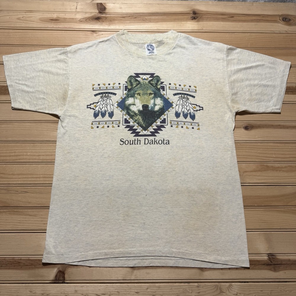 Vintage 90s South Dakota Native Western Style Wolf Head Nature Shirt Size Large