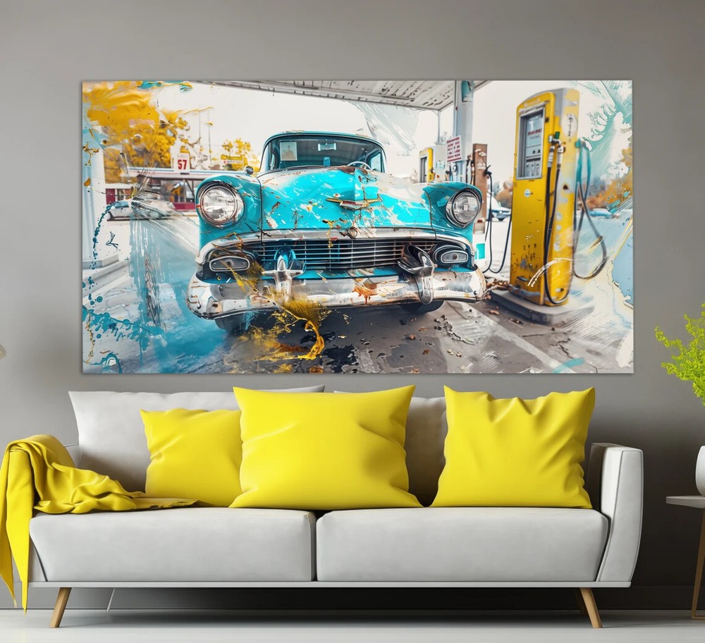 Vintage Gas Station Blue Car Paint Wall Art Canvas Unframed Print
