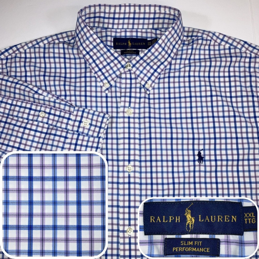 Polo Ralph Lauren Shirt Mens 2XL Slim Fit Performance Stretch Blue Pink Check