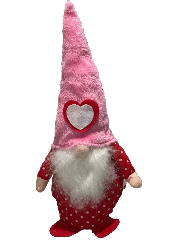 Valentine’s Day Polka Dot Dress Heart Hat Velvet Gnome Plush Tabletop Decor 12”.