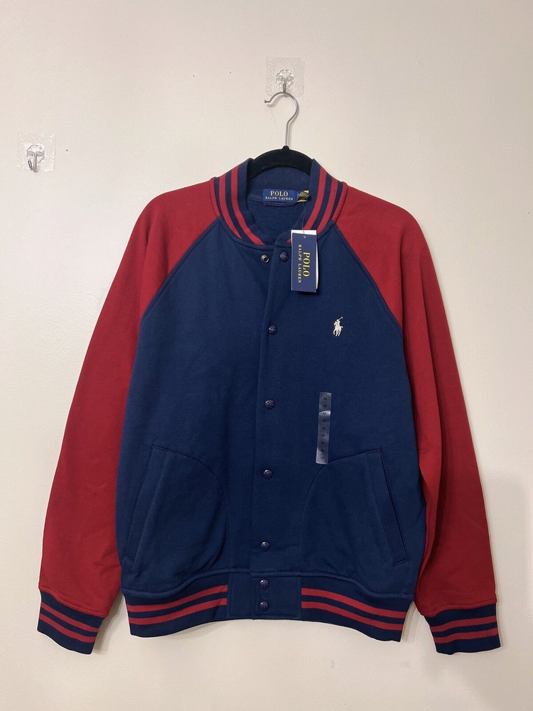 Polo Ralph Lauren Mens M Fleece Baseball Bomber letterman Jacket Navy/DK Red NWT