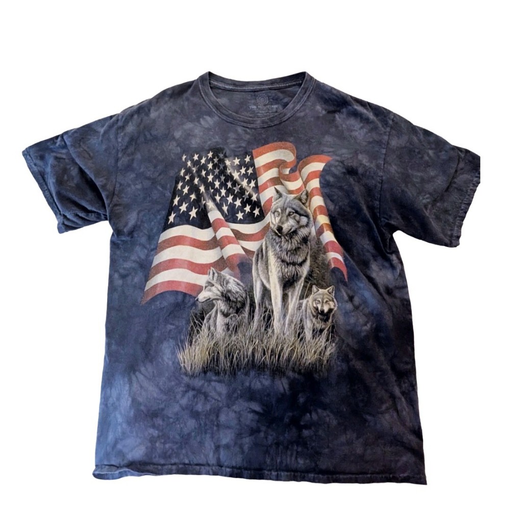 The Mountain Blue Gray Tie Dye Wolf American Flag Vintage Unisex T-Shirt XL