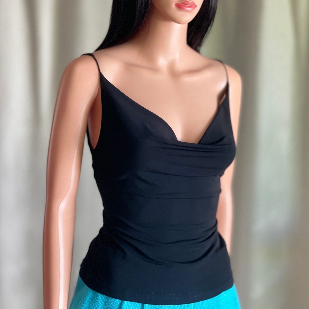 Vtg Y2K Black Cowl Neck Camisole Spaghetti Strap Tank Top Goth Dark Academia S/M