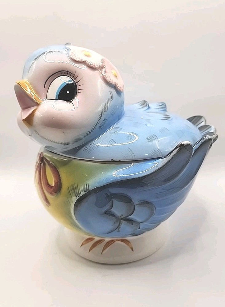VINTAGE LEFTON 1950s BLUEBIRD COOKIE JAR W/STAMP BRIGHT