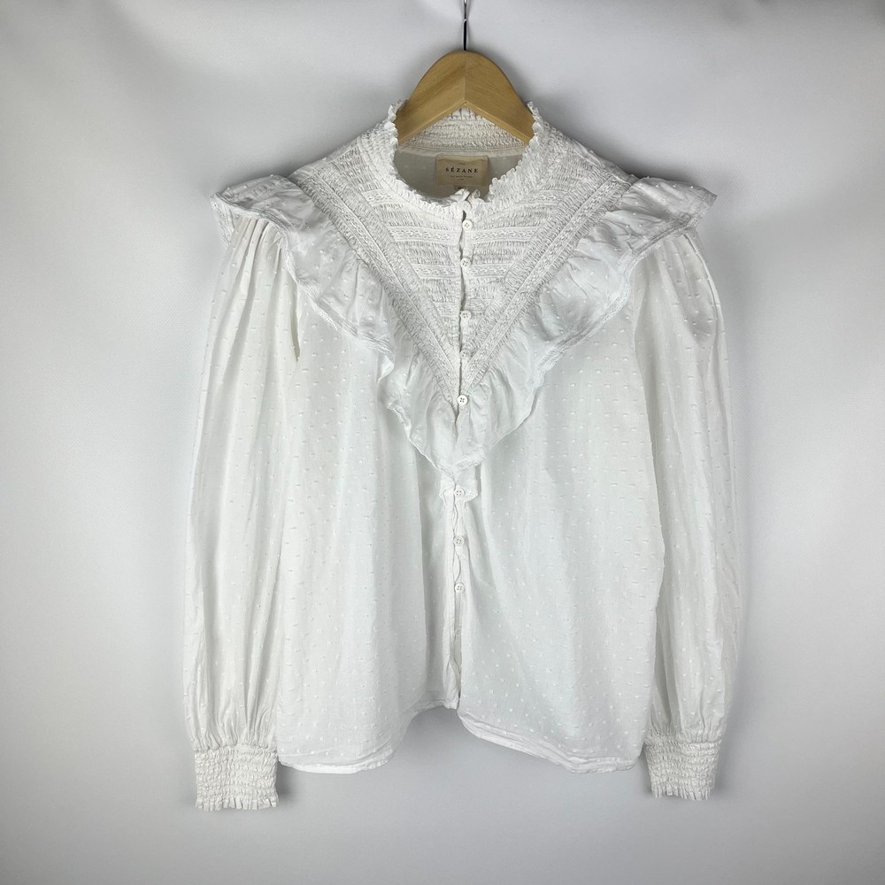 Sezane Womens White Cotton Plumetis Ruffle Blouse High Neck Top Size 38