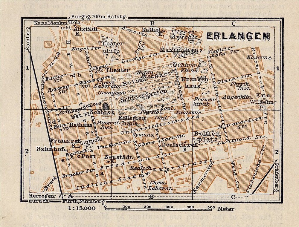 1910 Antique City Map Of Erlangen / Bavaria Bayern / Germany