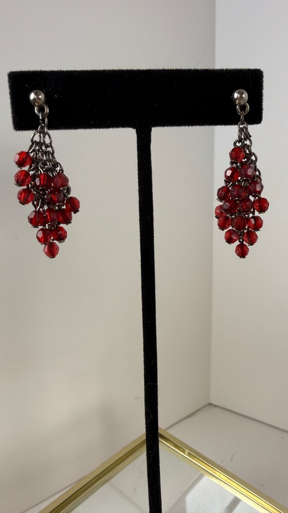 Vintage Sterling Silver Red Glass Bead Chain Earrings | Fringe Gothic Dangle 925