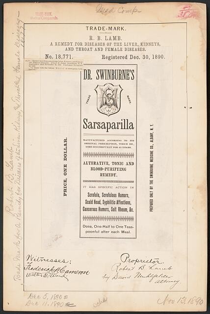 R. B. Lamb for Dr. Swinburne's Sarsaparilla brand A Remedy For Diseases