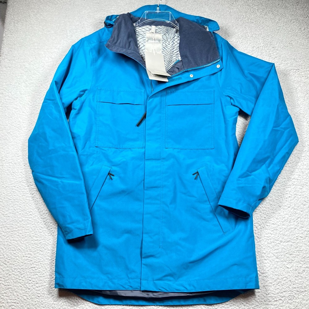 Bench Jacket Men's Medium Blue Hooded Waterproof Odor Control Tech Full Zip NEW