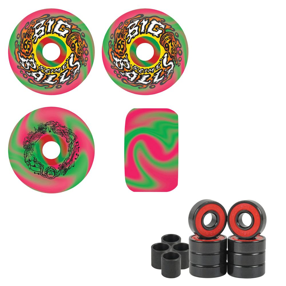 Slime Balls Skateboard Wheels 65mm Big Balls 97A Pink/Green With Amp5 Bearings