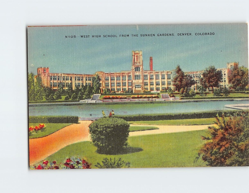 Postcard West High School from the Sunken Garden Denver Colorado USA