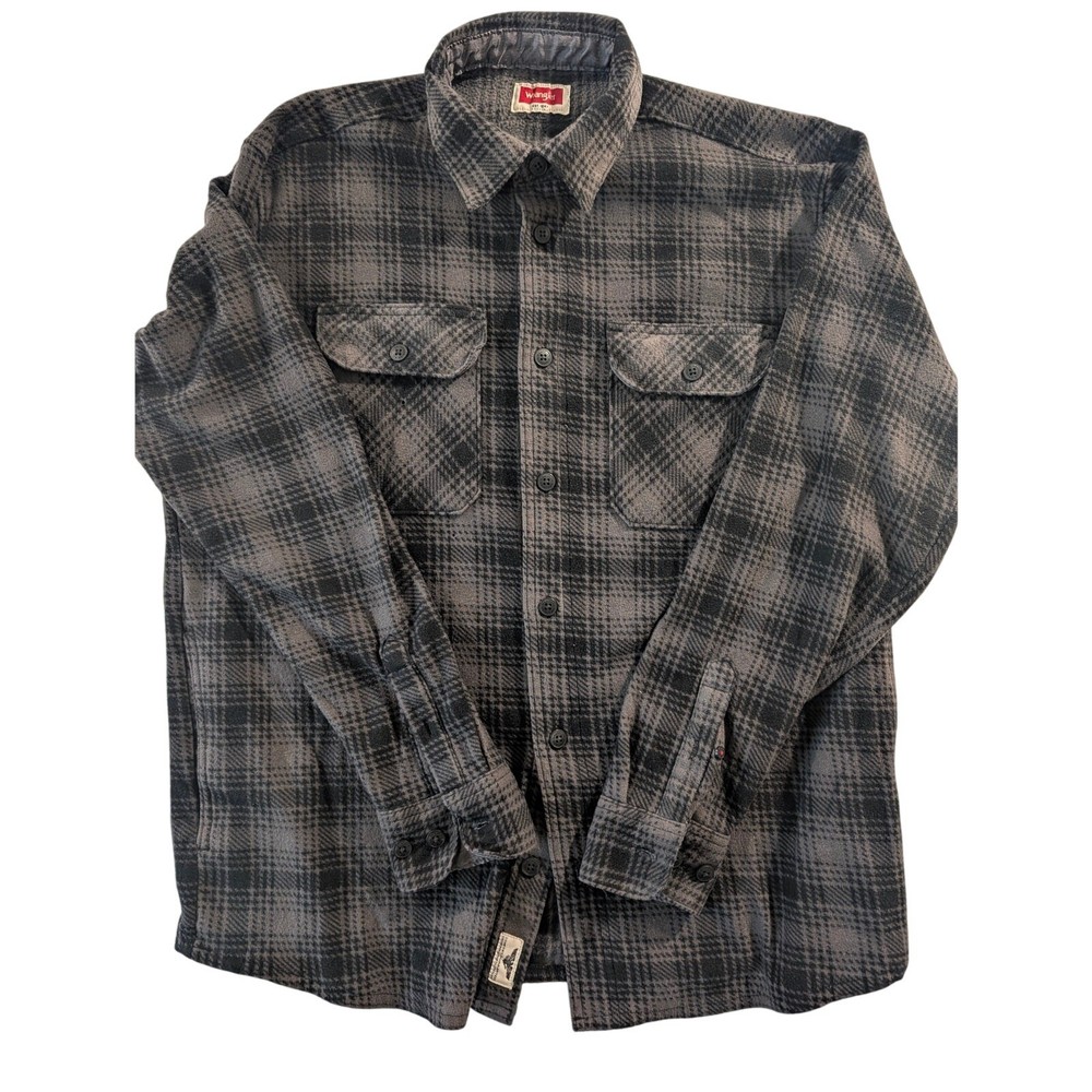 Wrangler men's long-sleeve flannel button-up shirt Gray Black Plaid size medium