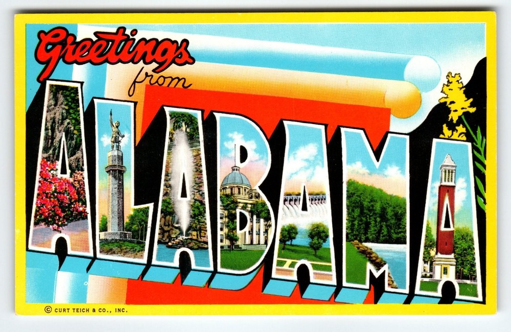 Vintage Curt Teich 'Greetings From Alabama' Chrome Postcard, Large Letter