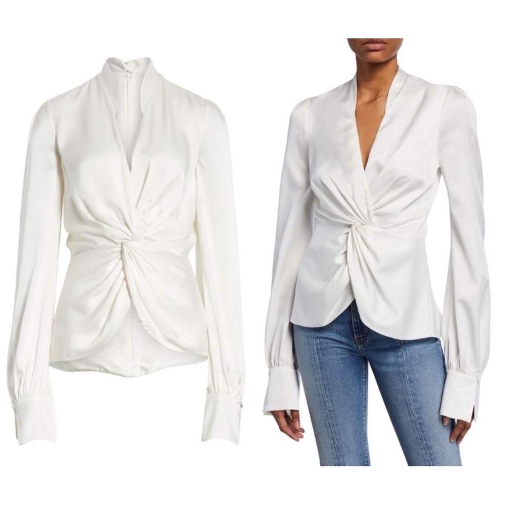 Jonathan Simkhai Ivory 100% Silk Charmeuse Twist Front Blouse Top Size 10