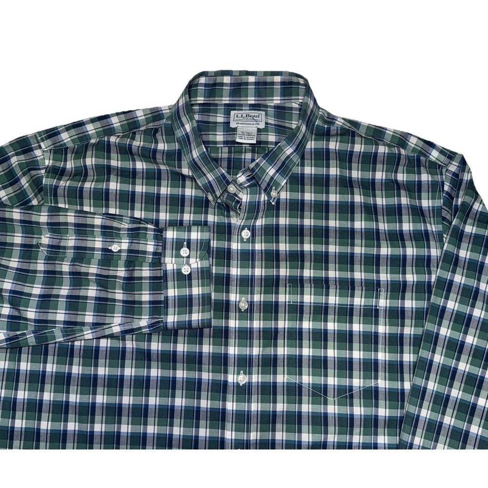 LL Bean Shirt Men XL Tall Green Blue Plaid Long Sleeve Button Up Traditional Fit
