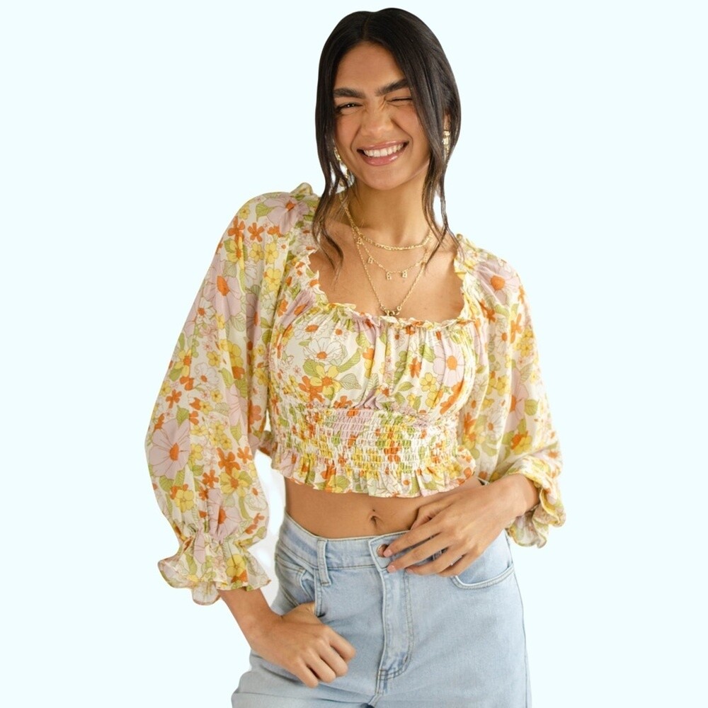 Bella Boho Floral Smocked Crop Top in Yellow & Orange - Size M Fits S