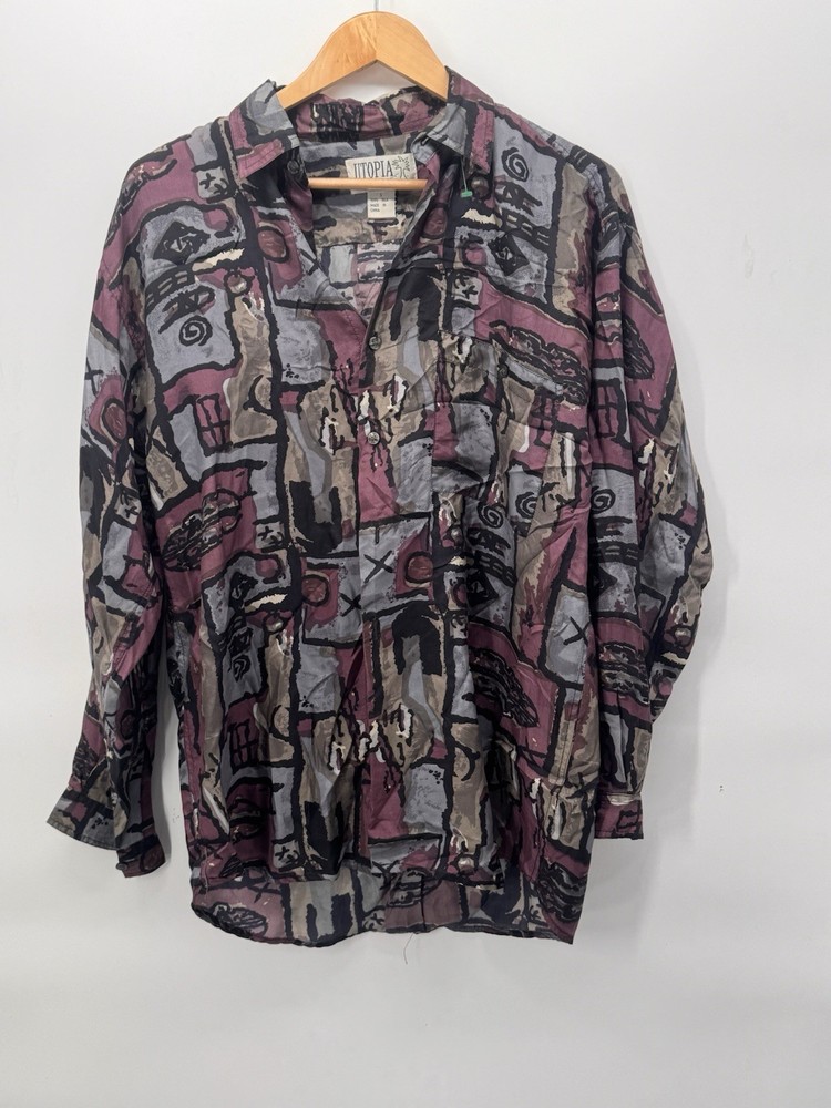 VTG UTOPIA Mens 100% Silk Long Sleeve Button Down Geometric Shirt Small purple