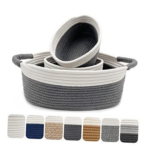 3pcs 100% Natural Cotton Rope Baskets for Organizing, Small Woven Ivory + Grey