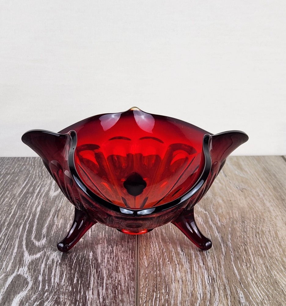1930s Fenton Ruby Red Glass Candy Dish – Three Footed Vintage Red Glass Bowl