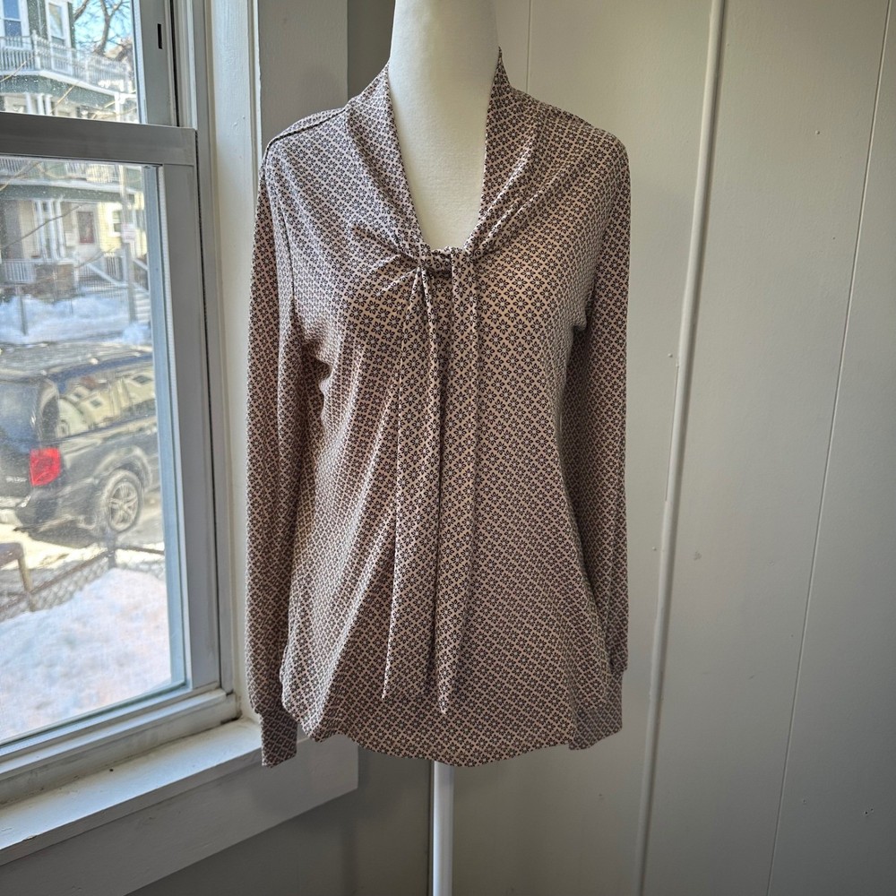 Adrianna Papell Womens Geometric Tie Neck Long Sleeve Blouse Top size S