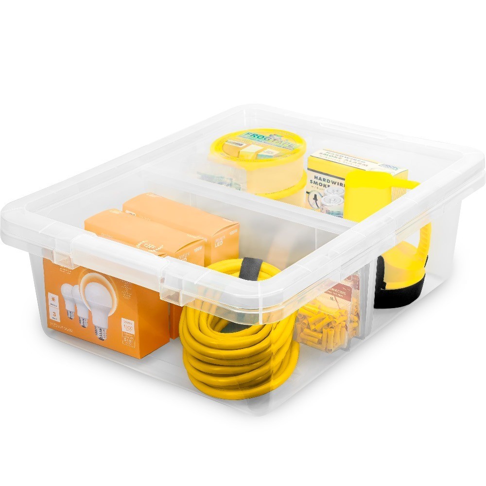 Clear Plastic Storage Bins with Dividers 37 Quart Organizing Container Set of 4