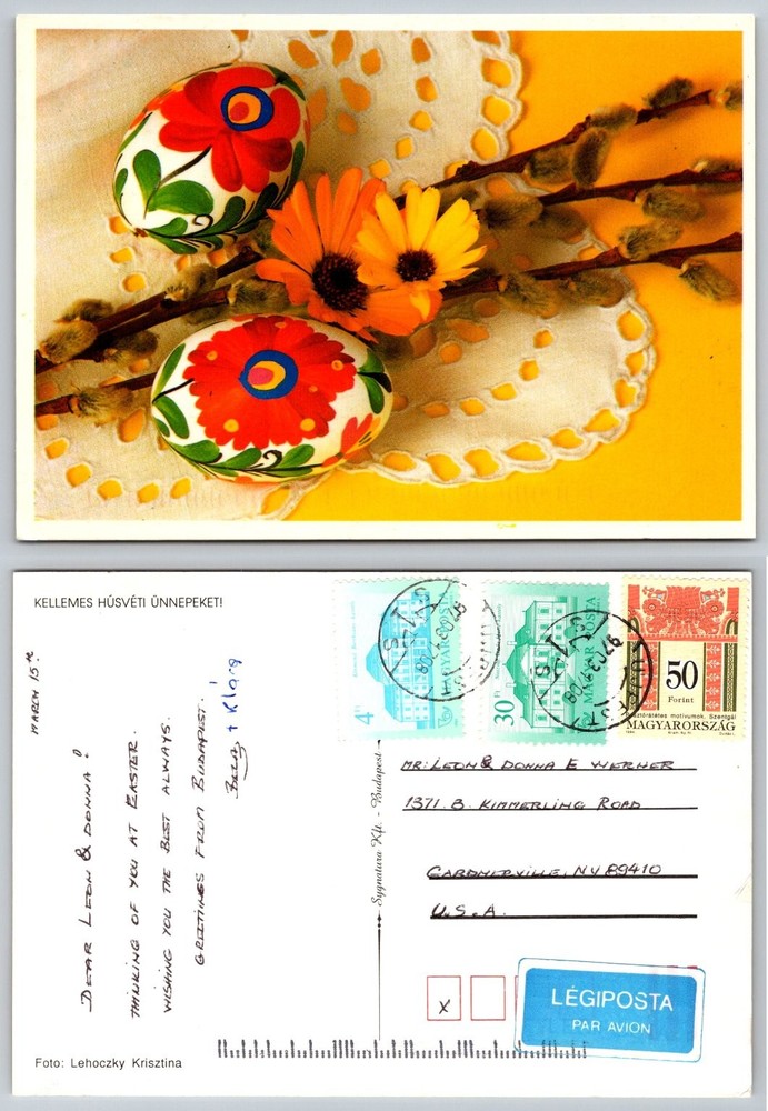 Vintage Hungarian Easter Eggs Postcard, Pussy Willow, Budapest 1987