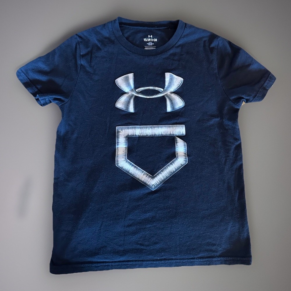Under Armour Boys Loose Fit Navy Crew Neck Short Sleeve Logo T-Shirt Size YS