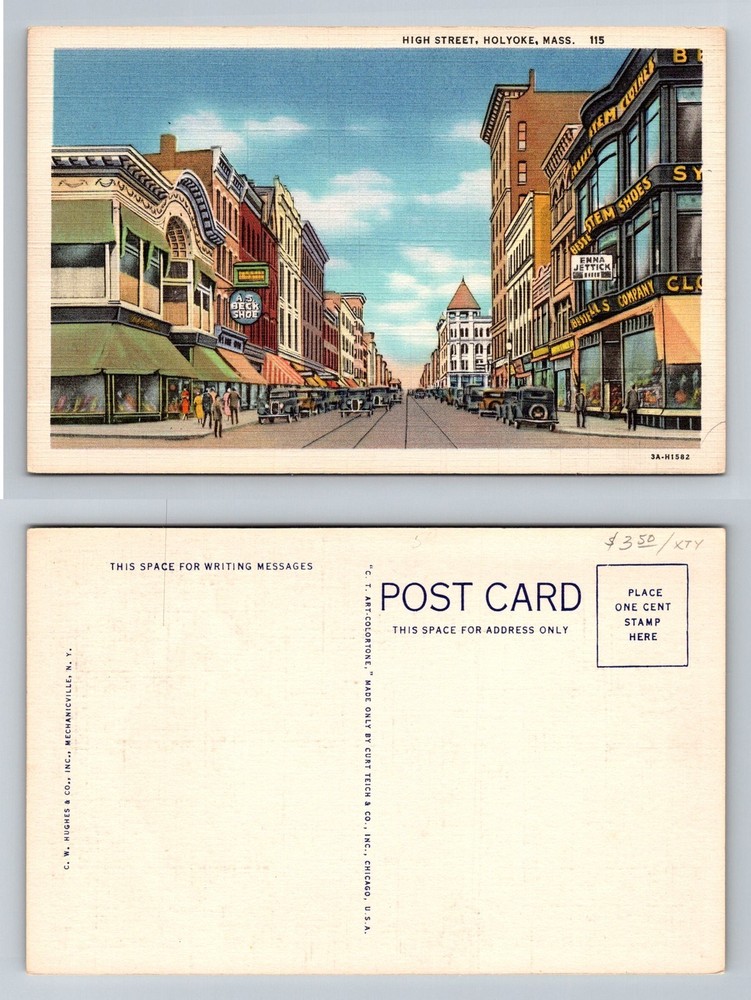 Holyoke, MA-Massachusetts, High Street Downtown Storefronts Vintage Postcard