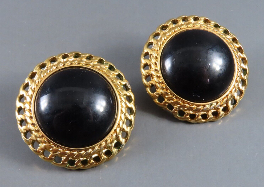 Vintage MONET CLIP-ON EARRINGS Black Lucite Domed Center CHAIN LINK FRAME Round
