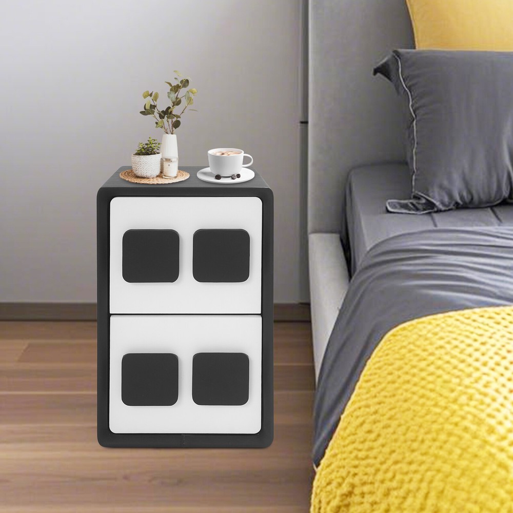 Nightstand Wood Storage Cabinet Bedroom Bedside End Table W/2 Drawer Black+White