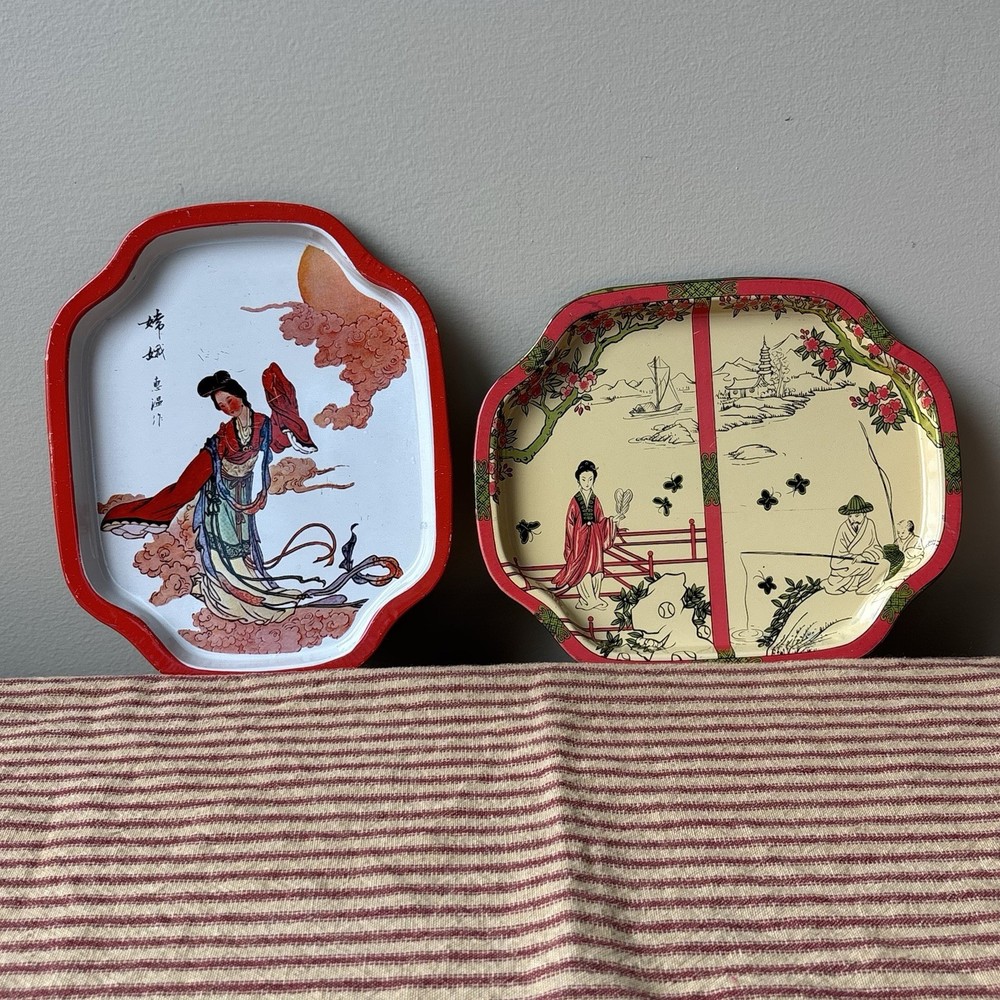 Vntg Set 2 Mini Litho Tin Trays Asian Inspired Artwork Catch-All