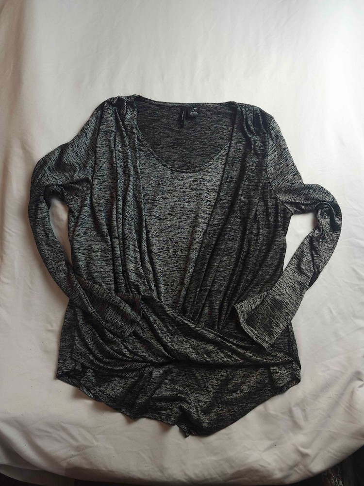 New Directions Faux Wrap Top Blouse Womens XL Black Gray Heathered Long Sleeve