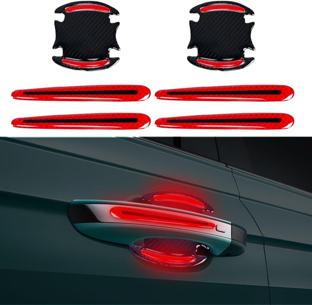 8PCS Red Carbon Fiber Reflective Car Door Handle Protectors, Anti-S Color: Red