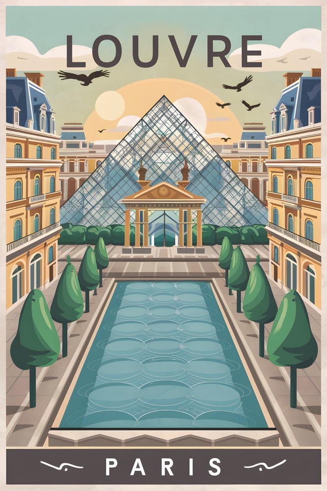 Louvre Paris France Retro Travel Poster Print Wall Art