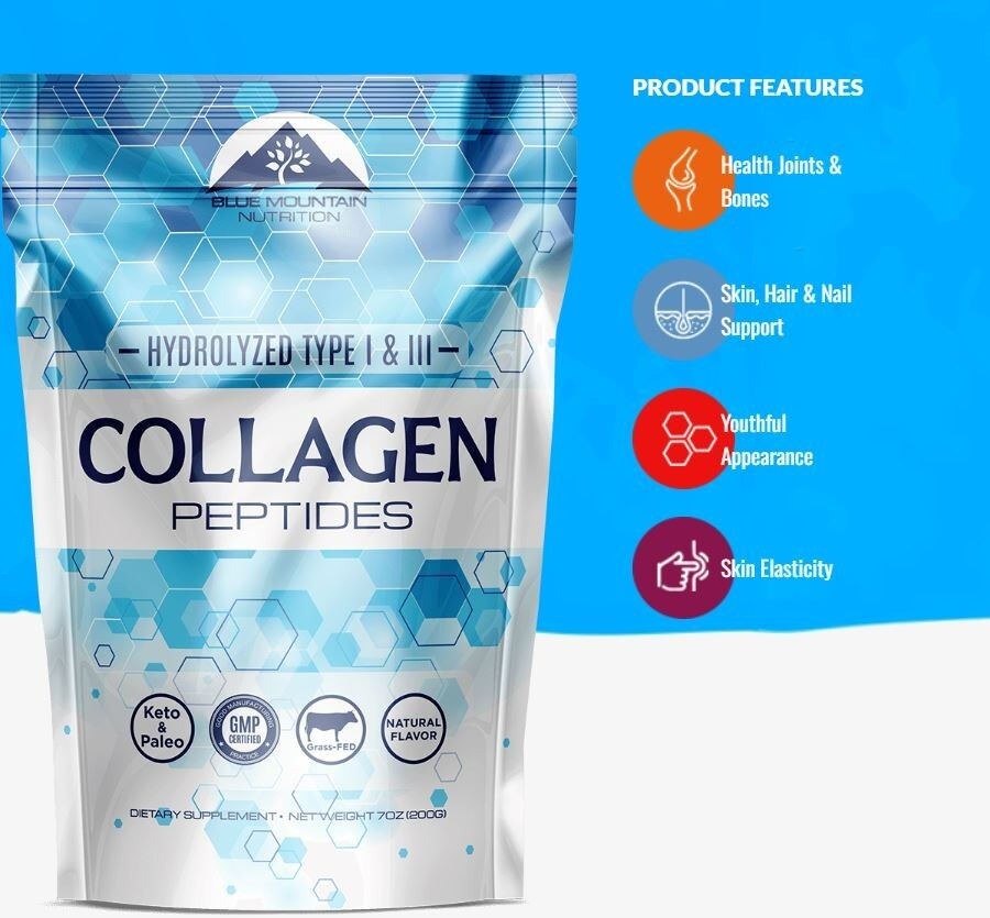 Blue Mountain Nutrition Hydrolyzed Collagen Peptides Type I & III 7oz Exp 09/26