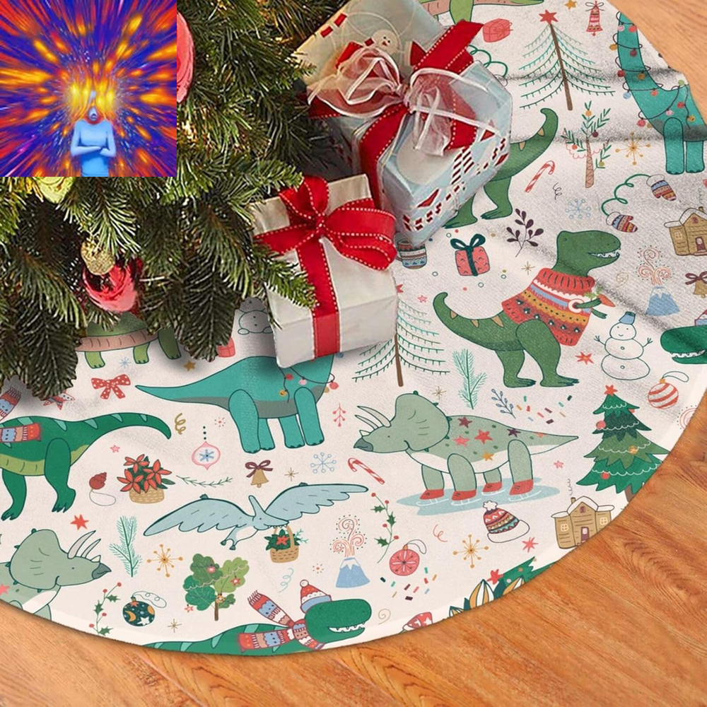 Cute Christmas Dinosaur Christmas Tree Skirt Funny Tree Mat for Farmhouse Xmas H