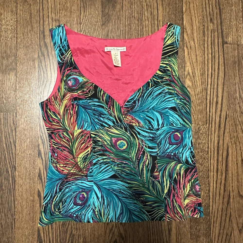 Nanette Lepore 100% Pure Silk Sweetheart Neck Sleeveless Blous Peacock Print 6