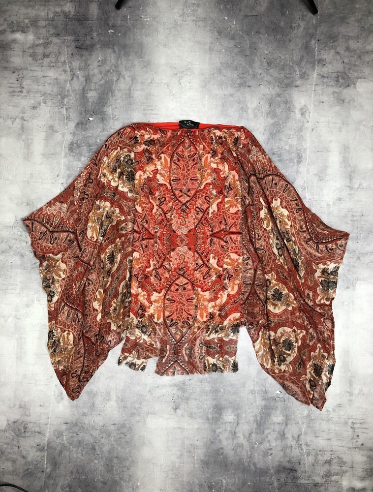Etro Brocade Sheer Kimono Sleeve Poncho Tunic in Red Silk
