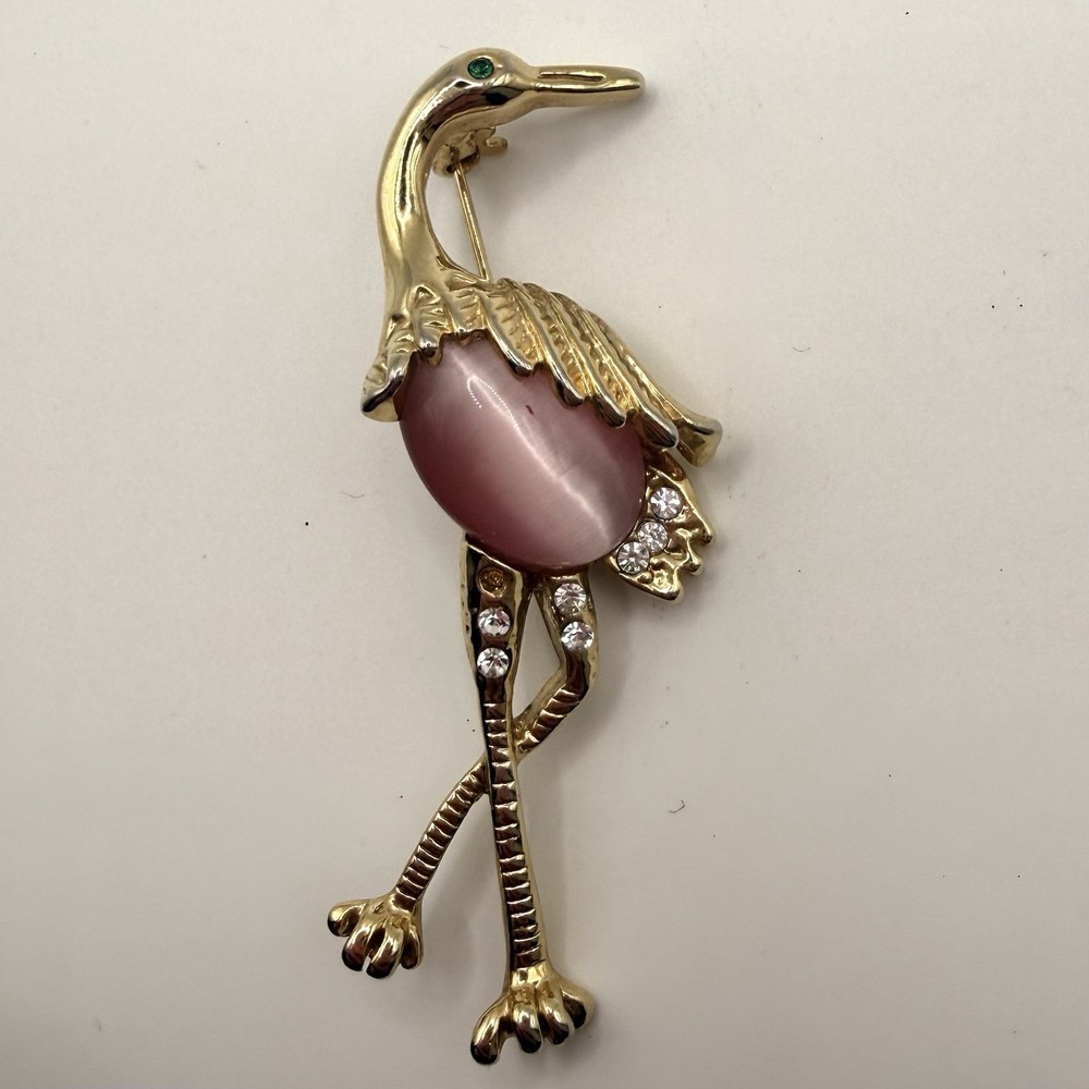 Vintage Gold Tone Flamingo Brooch Pink Cabochon Rhinestone Bird Pin 1980s