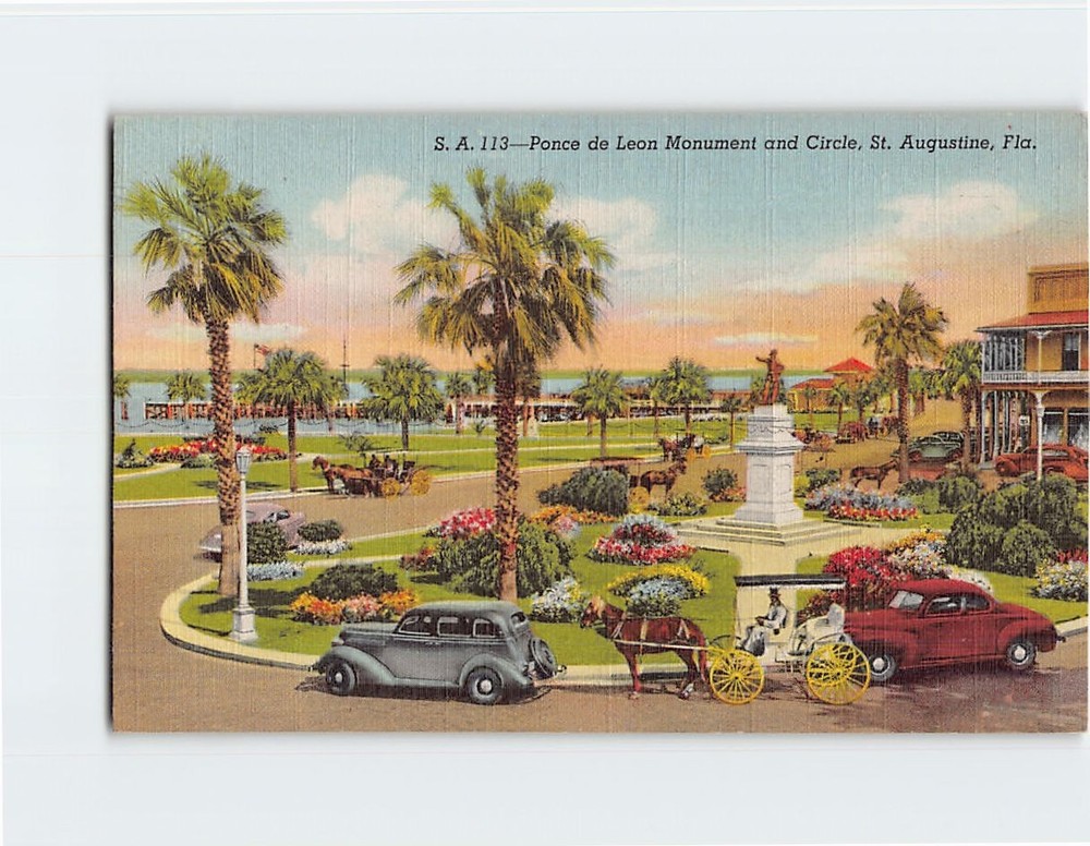 Postcard Ponce de Leon Monument and Circle St. Augustine Florida USA
