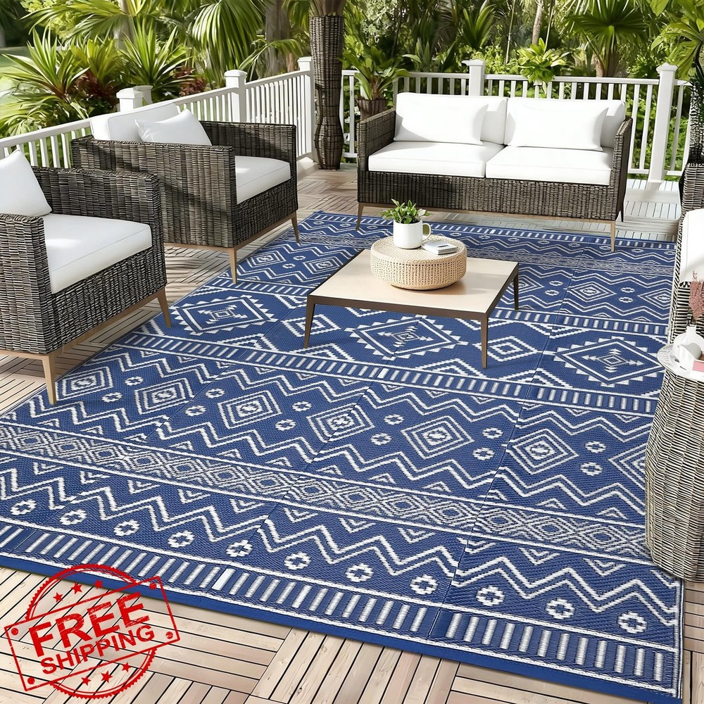 MilleLoom Boho 8x10 Outdoor Rug Reversible Blue Straw Mat RV Camping