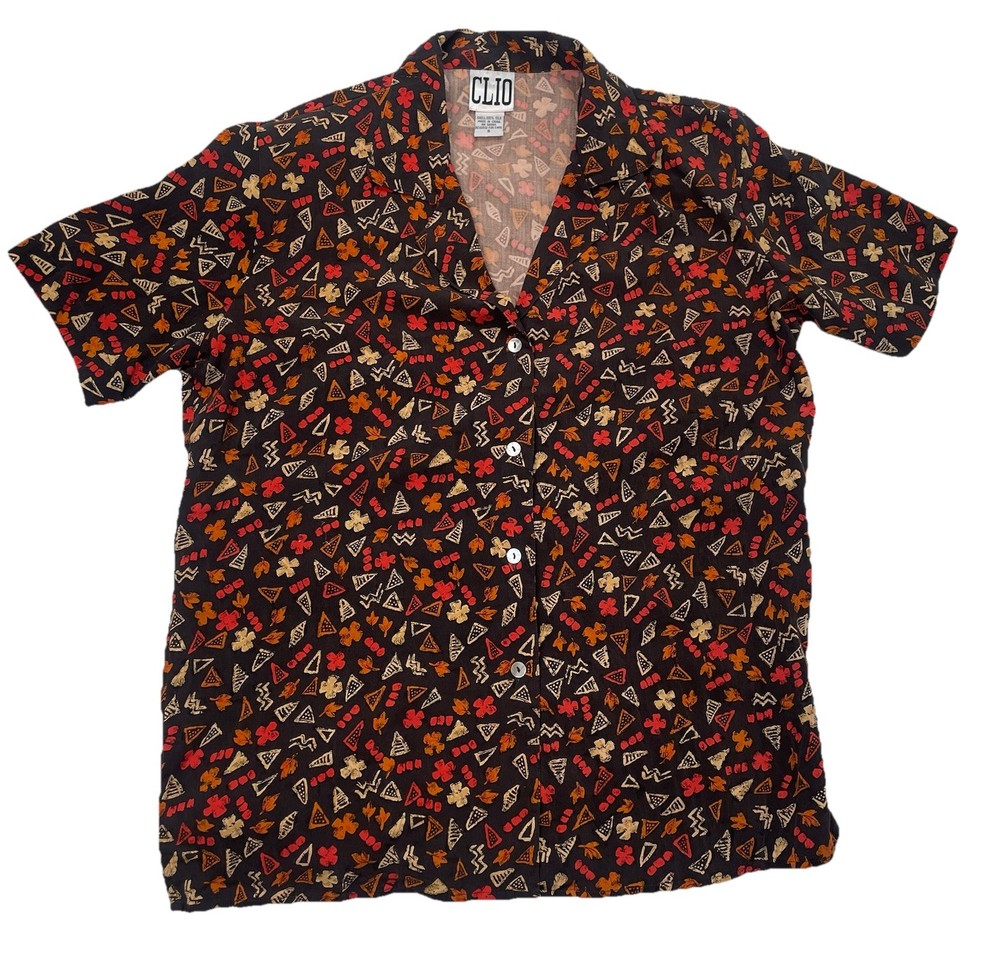 Clio Womens Size S Small 100% Silk Button Up Blouse Shirt Shoulder Pads Vintage