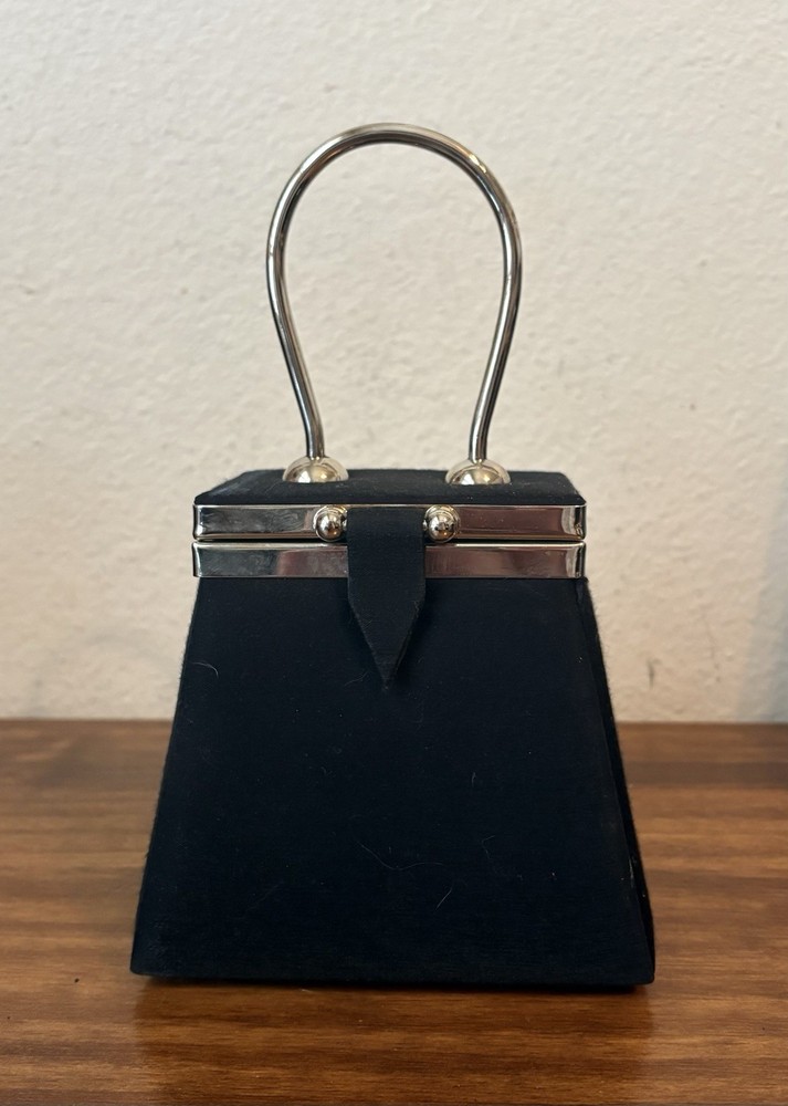 Vintage Regal Black Satin & Silver Tone Evening Box Purse Handbag Clutch