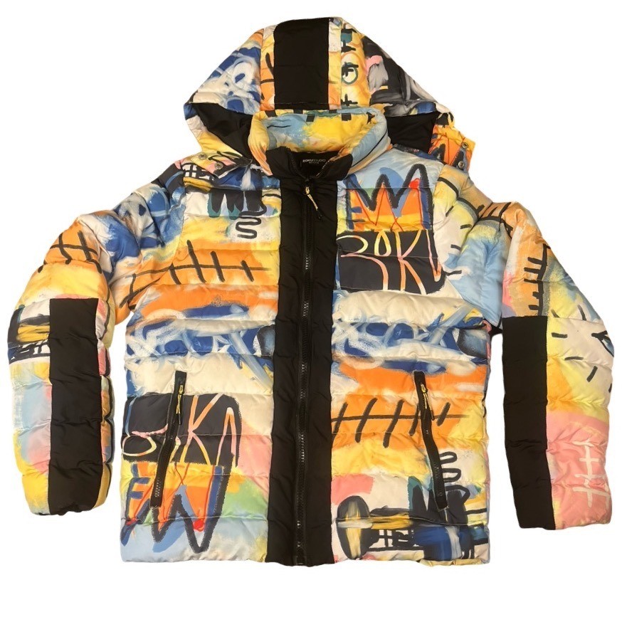 Roku Studio Mens Graffiti Art Puffer Jacket Hooded Multi Color Abstract Size L-image