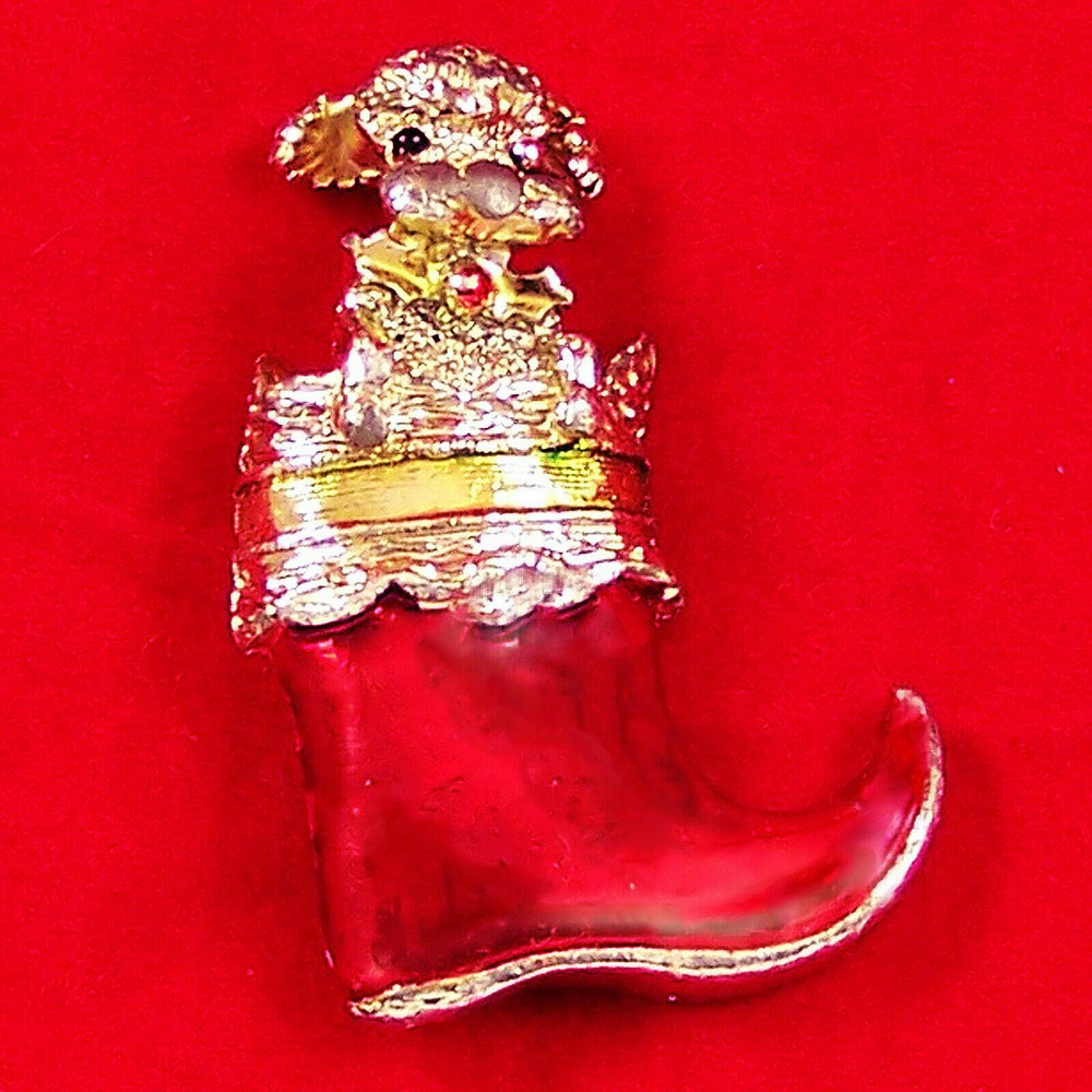Vintage Pin Gerry's Puppy Dog Christmas Stocking Boot Red Enamel Holiday Brooch