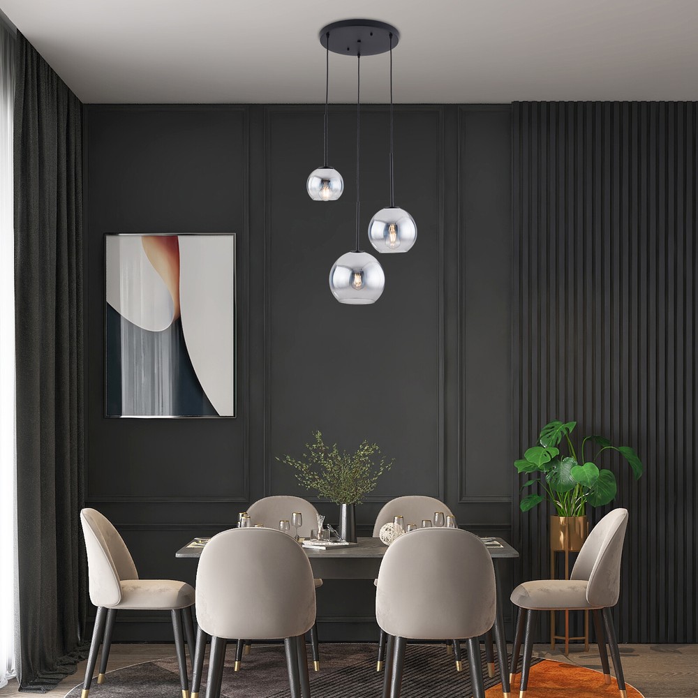 Modern 3-Light Silver Gray Globe LED Pendant Fixture with Adjustable Length