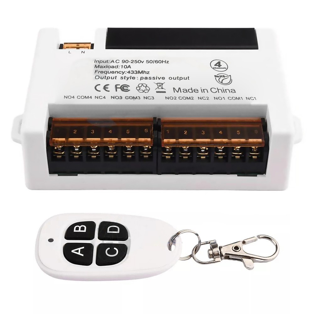 White 4-Channel Wireless Relay Remote Control Switch Receiver 433Mhz RF 10A