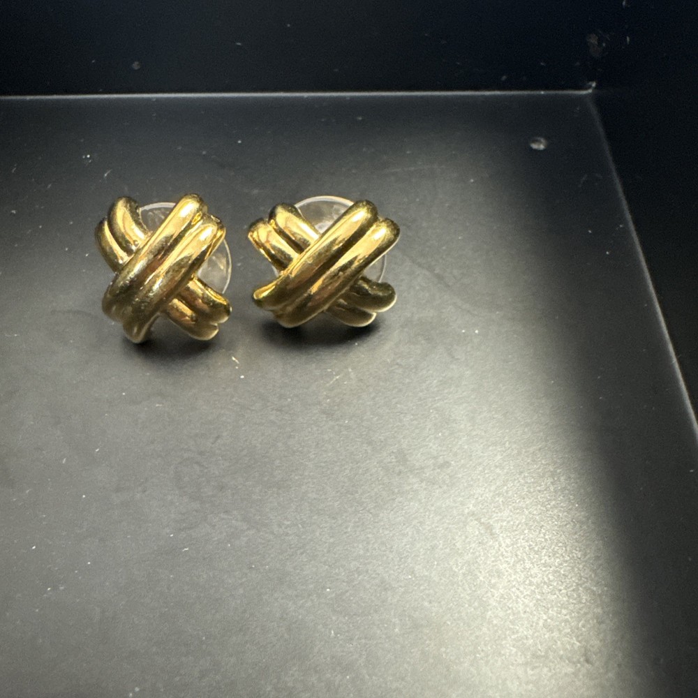 VTG Monet Gold Ribbed Iconic X Or Crisscross Pierced Stud Earrings