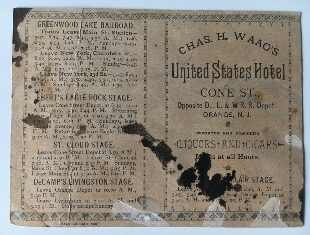 1886 Timetable Card Morris & Essex DL&W RR Railroad Waag's US Hotel Orange NJ Ad