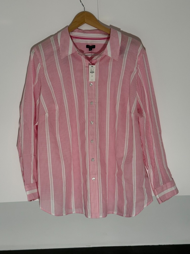 Talbots Plus 2X Pink Stripe Button Down Shirt 100% Cotton Long Sleeve Blouse NWT